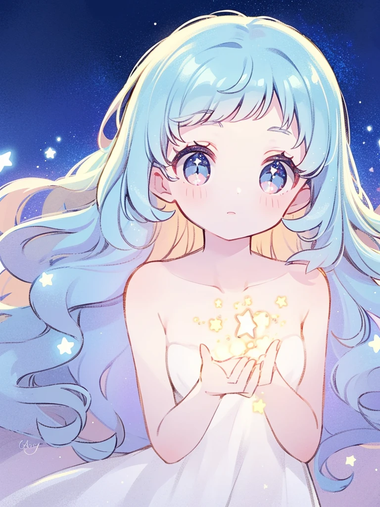 nude angel girl wearing an ethereal translucent dress, pale skin, ((blue mint wavy hair)), white feathers, angel wings, sparkling detailed eyes, golden ratio face, perfect composition, highly detailed, ethereal, (starry night sky background), midjourney style