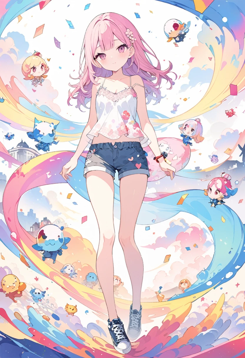 Momoko Sakura Style、8K quality、Intense watercolor,, Watercolor splash, Surreal, Avant-garde pop art, Beautiful and expressive paintings, Beautiful artwork illustration, Very colorful tones, wonderful, Cool Beauty, Highest quality、Official Art, Vector art, Stylish design, (((The most beautiful girl))), (Confetti),((Thin legs))、(((Highest quality))), High resolution, ((detailed)), (((Doodle Art)), ((masterpiece)), ((Super detailed)),(((camisole,Shorts))),,(Sexual)
