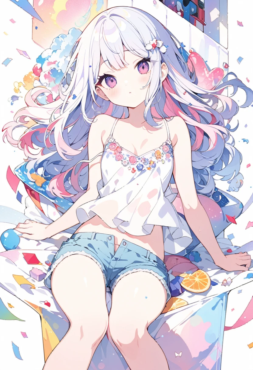 Momoko Sakura Style、8K quality、Intense watercolor,, Watercolor splash, Surreal, Avant-garde pop art, Beautiful and expressive paintings, Beautiful artwork illustration, Very colorful tones, wonderful, Cool Beauty, Highest quality、Official Art, Vector art, Stylish design, (((The most beautiful girl))), (Confetti),((Thin legs))、(((Highest quality))), High resolution, ((detailed)), (((Doodle Art)), ((masterpiece)), ((Super detailed)),(((camisole,Shorts))),,(Sexual)