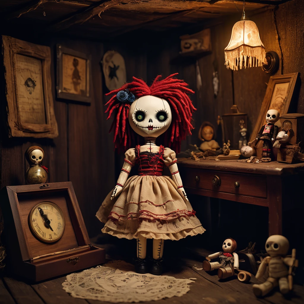 (knitted toy voodoo doll:1.5), (Voodoo Cursed Doll:1.3), (Clothing: tattered vintage dress with doll patterns:1.0), (Accessories: enchanted music box emitting a haunting melody, floating porcelain pieces:1.1), (background: dark, abandoned attic with cobwebs, old furniture, and an atmosphere of forgotten horror:1.2), best quality, masterpiece, detailed soft oil painting, detailed background, dramatic cinematic lighting, soft edge lighting, professional, dramatic lighting, hard edge lighting, ultra quality, 4k, masterpiece, best quality, 8k, ultra high definition, high resolution, extremely detailed