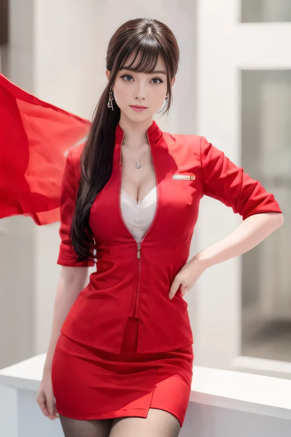 (masterpiece:1.2, Highest quality:1.2), 32k HDR, High resolution, (alone, 1 Girl), （AirAsia stewardess uniform realistic style）, A proper woman, Beautiful Face, Brown Hair, (Long hair down to the legs), (Red jacket:1.1, Unzipped jacket, Unbuttoned white shirt:1.05, Red mini skirt:1.1, pantyhose),（Showing big  through cleavage in unbuttoned white shirt）、（long hair that reaches down to the legs）、Perfect slim body:1.1, Huge breasts, huge breasts cleavage, Detailed skin texture, Beautiful Eyes, (Attractive look:1.2), necklace、Earrings、(forward leaning posture:1.5）, On the roof of a building, Rooftop at daytime,blue eyes、Hands should be lowered