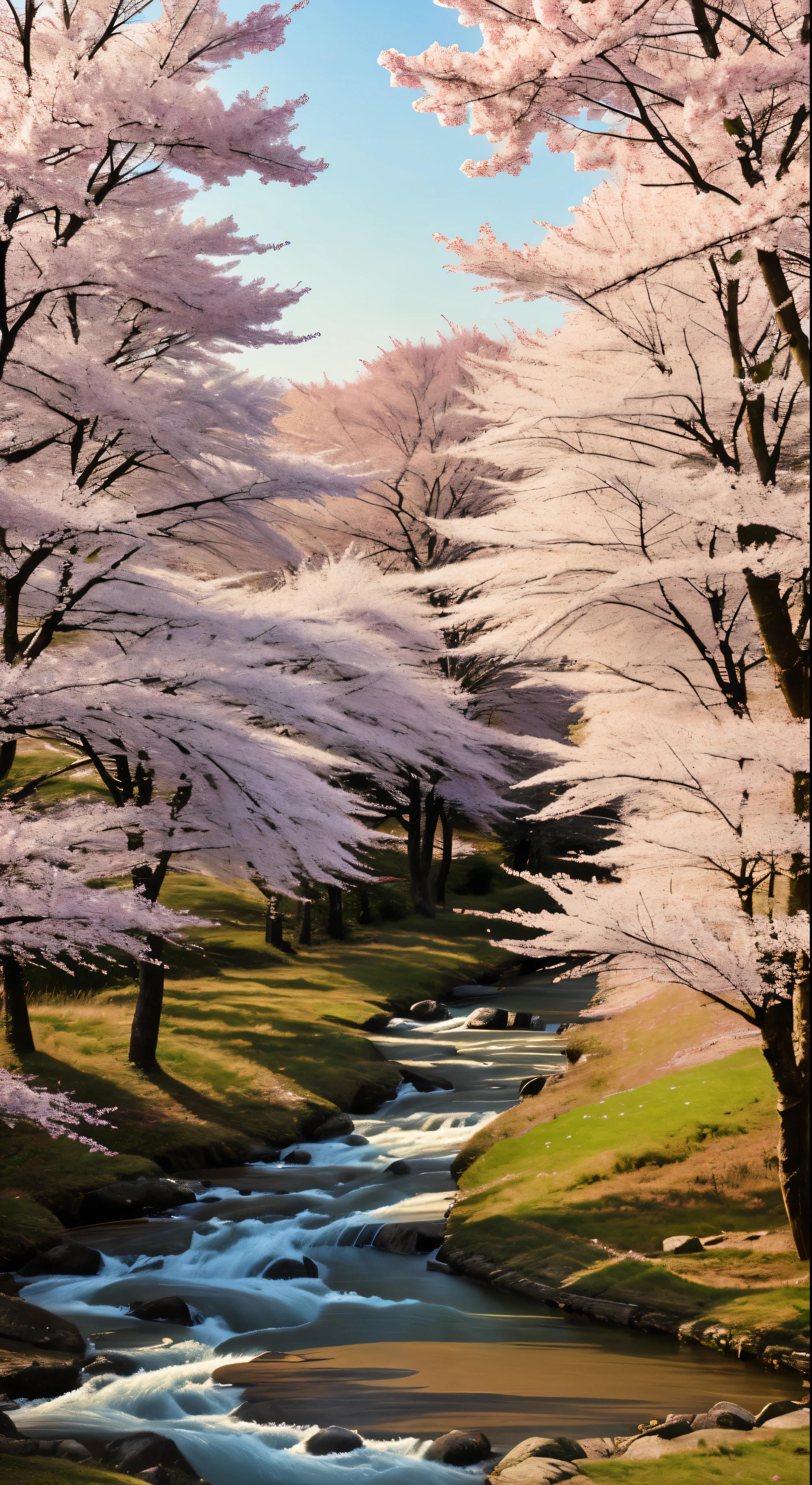Draw a river with a small village, anime beautiful peace scene, very beautiful landscape, landscape artwork, landscape art detail, very beautiful digital art, beauty of natural landscape, beautiful art UHD 4 K, very beautiful photos, beautiful nature, landscape wallpaper, really beautiful nature, beautiful digital artwork, beautiful background, cherry blossom trees, anime style