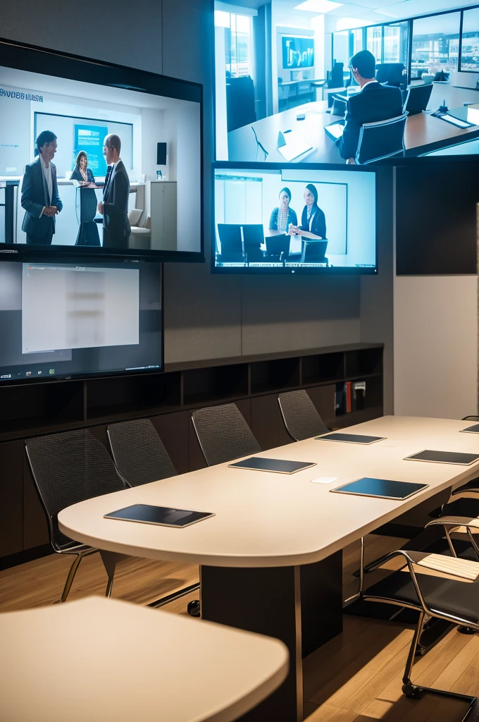 Team meeting in a contemporary conference room with digital devices.