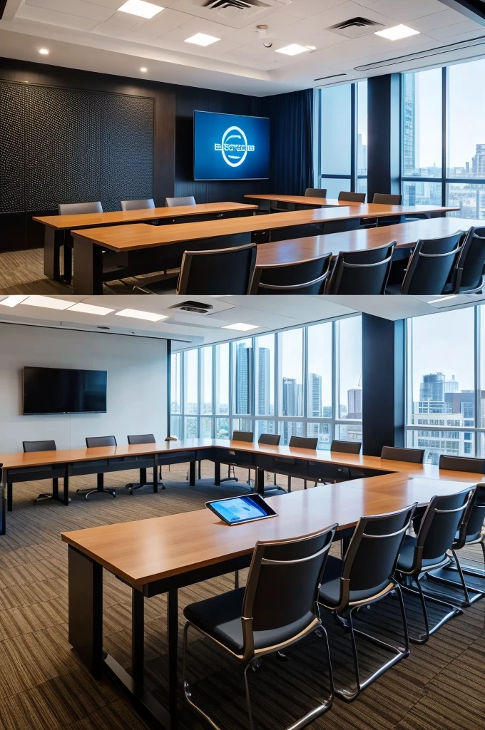 Team meeting in a contemporary conference room with digital devices.