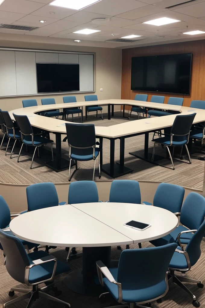 Team meeting in a contemporary conference room with digital devices.