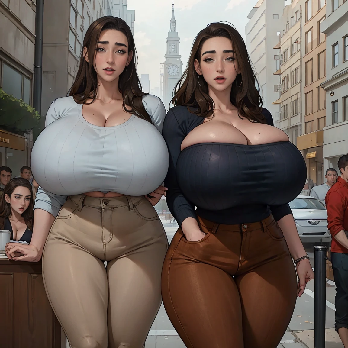 (((2heads))), a short chubby woman with 2heads. Outside at night, In a busy city. Huge-breasts. sweater. open shoulders. Slim beautiful face. mini skirt. mesh leggings. Young. Happy. flirty. seductive. Huge-breasts. Giant erect nipples. Massive breasts. Huge boobs. short. Wild dirty burgundy hair. Cute. slutty. Bimbo. girlfriend. Extremely huge fake round tits.