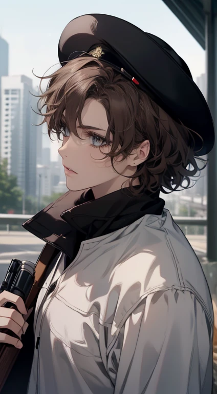 work of art, best qualityer, realisitic, 1 person, mature man, quiet and charming young man, 25 years old, , extreme detailed face, ((dark gray eyes)), ((Short dark brown hair combed to the right)),((curls)), [Thick eyebrows], Detective, International city, White color blouse,Black police uniform， black hat，cinematic lighting, holding a gun in his hand, Postural dynamics,eyes looking at viewer，On the main road