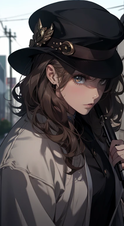 work of art, best qualityer, realisitic, 1 person, mature man, quiet and charming young man, 25 years old, , extreme detailed face, ((dark gray eyes)), ((Short dark brown hair combed to the right)),((curls)), [Thick eyebrows], Detective, International city, White color blouse,Black police uniform， black hat，cinematic lighting, holding a gun in his hand, Postural dynamics,eyes looking at viewer，On the main road