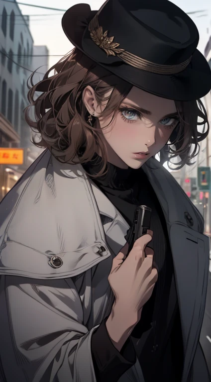 work of art, best qualityer, realisitic, 1 person, mature man, quiet and charming young man, 25 years old, , extreme detailed face, ((dark gray eyes)), ((Short dark brown hair combed to the right)),((curls)), [Thick eyebrows], Detective, International city, White color blouse,Black police uniform， black hat，cinematic lighting, holding a gun in his hand, Postural dynamics,eyes looking at viewer，On the main road