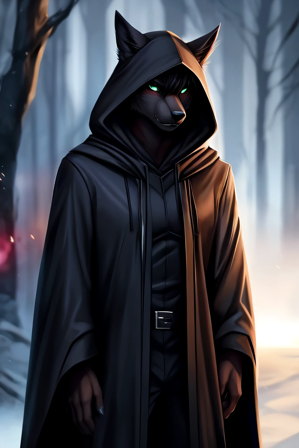 por angiewolf, hioshiru, puros, anthropo, mascle, standing alone, badass clothing, coat, 2022, black badass clothing, hooded cloak, black tops, eyes locked, black hooded cloak, Background transparent