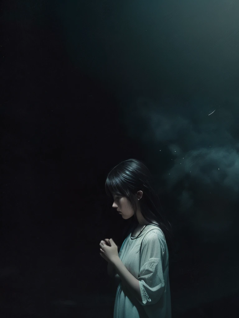 (Highest quality, masterpiece), One girl, Looking down, Wind, particle, Simple Background, Dark mood, Upper Body, Light/Dark Contrast, Depth of written boundary, 