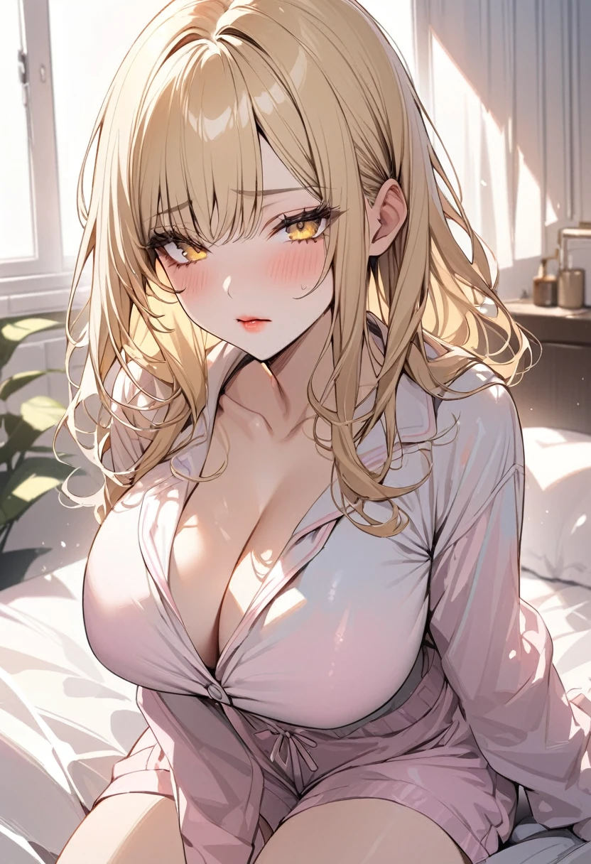 Highest quality masterpiece High resolution Long blonde hair Portraits Yellow Eyes Pale pink lips Big Breasts pajamas Shorts indoor Sleepy face good morning
