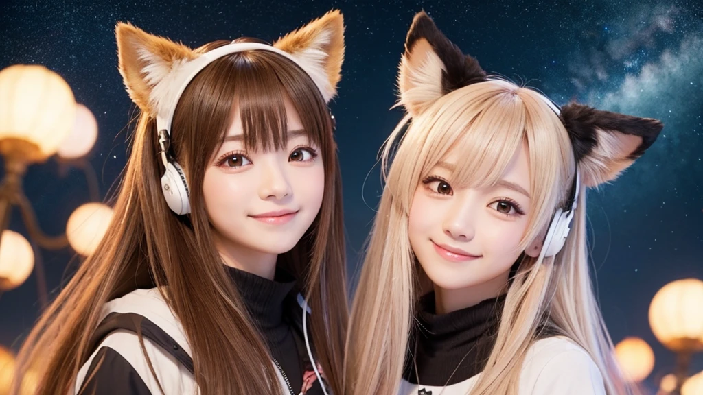 Anime Style、夜の窓辺でギターを弾く少女目を閉じてsmile少女、A starry sky、Calm atmosphere、Fine details、solo, smile, Animal ears, Long Hair, earphone, Highest quality, Anatomically correct, 