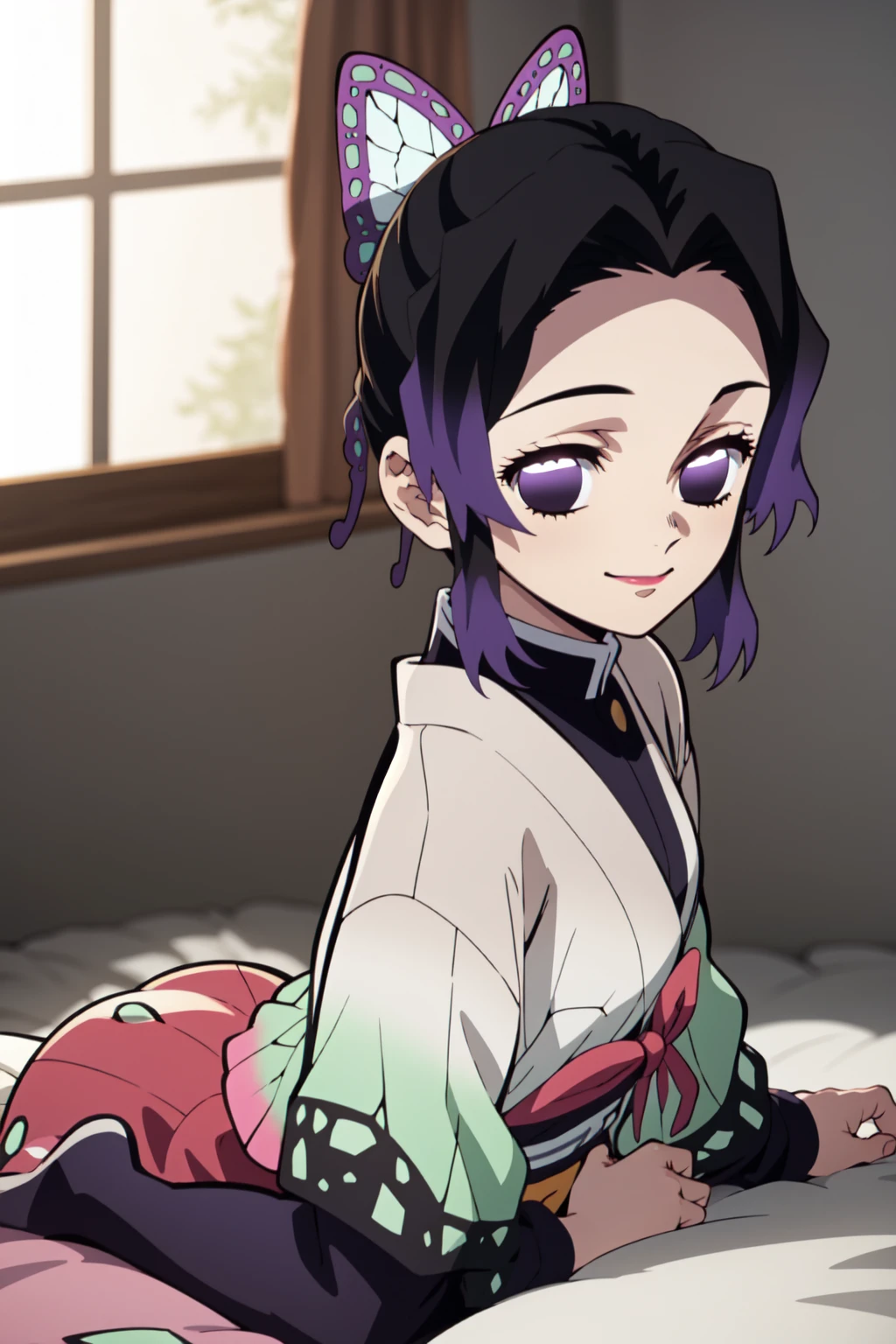 Anime background art, room background, a bed, lying on a bed, beautiful anime scenes, 4K anime art wallpaper, 4k anime art wallpaper, Rosla global illumination, anime girl, best quality, detailed, 1 girl, alone, same as LORA, same as lora, closed mouth, light smile, black hair, purple faded hair, perfect hair, black color, defined eyes, purple eyes, short hair, folded ponytail, headband, butterfly hair accessory, looking at the viewer, kimono costume.