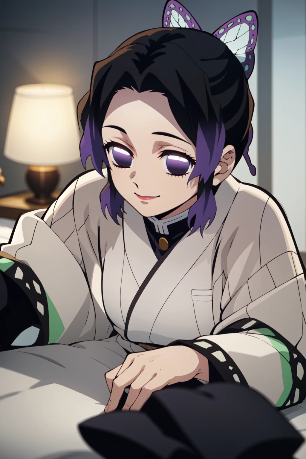 Anime background art, room background, a bed, lying on a bed, beautiful anime scenes, 4K anime art wallpaper, 4k anime art wallpaper, Rosla global illumination, anime girl, best quality, detailed, 1 girl, alone, same as LORA, same as lora, closed mouth, light smile, black hair, purple faded hair, perfect hair, black color, defined eyes, purple eyes, short hair, folded ponytail, headband, butterfly hair accessory, looking at the viewer, kimono costume.