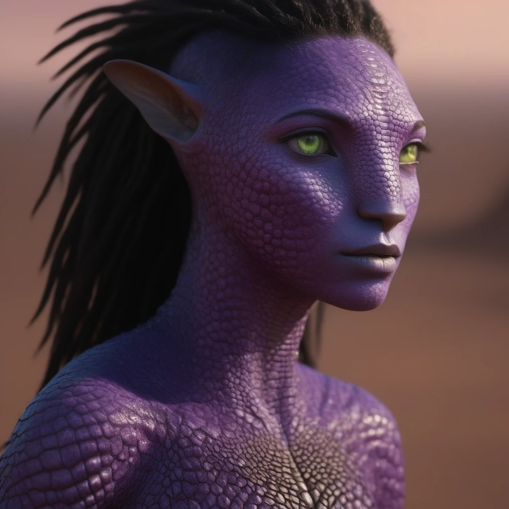 (face portrait), na'vi, 1girl, female, (green eyes), ((big detailed alien eyes)), ((eyebrowless)), ((pointy ears)), (purple skin tone), (wavy hair), dreadlocks, black hair color, ((short hair)), (young adult), 18 years old, face wrinkles, ((wearing desert clothing)), (wearing tribal acessories), detailed eyes, ((lizard scales all over skin)), toned body, muscled body, vibrant colors, ethereal atmosphere, surrealistic dreamy lighting, textured skin, otherworldly beauty, mesmerizing photography, (best quality, highres), vivid colors, ultrarealistic, skin details, sfw, face close-up, ultradetailed body, (violet skin), dark background, desert background, ((reptile skin, spines))