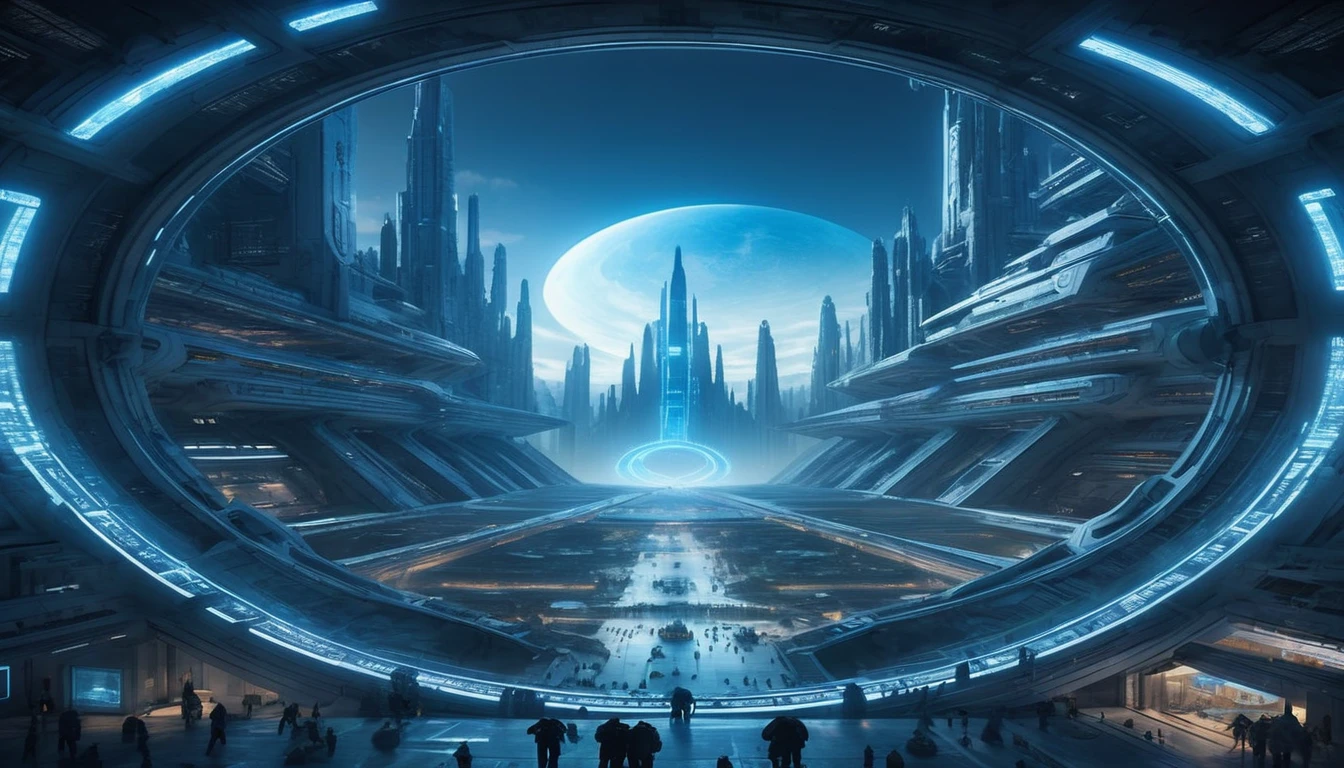 y4nn, a futuristic city with a huge circular structure in the center of it's center circle is a blue light, scifi, a detailed matte painting, space art, hyper detailed, glowing from the inside, masterpiece, best quality