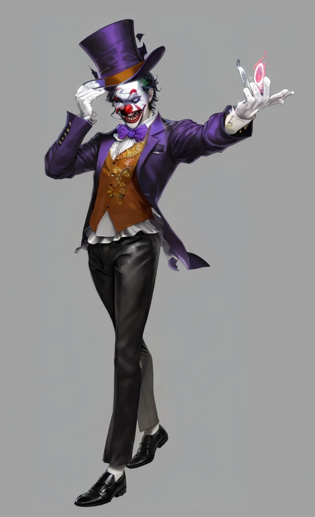 Official Art, masterpiece, Clear focus, Extremely detailed, (Side Light:1.2), clown,Suit,crazy,male,whole body,mystery,magician帽,Suit外套,Vest,leather shoes,wear gloves,magician,weird,Strong build,