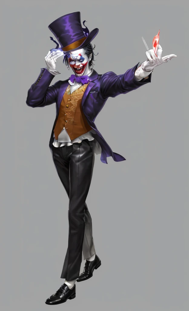 Official Art, masterpiece, Clear focus, Extremely detailed, (Side Light:1.2), clown,Suit,crazy,male,whole body,mystery,magician帽,Suit外套,Vest,leather shoes,wear gloves,magician,weird,Strong build,