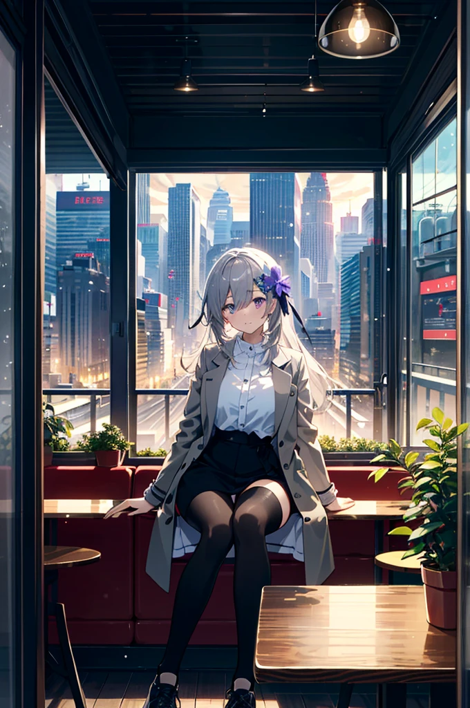 1girl, solo focus, tall female, grey hair, very long hair, purple eyes, large breasts, wide hips, sharp face, jewel-like eyes, serious, tired, wearing long grey coat, black blazer, black legwear, stylish sneakers, accessories, smartwatch, flower hair ornament, cute smile, sitting, cafe, coffee shop ambience, coffee shop aesthetic, snow on window, dawn, window view, massive cityscape, beautiful view, dim-lit ambience, holding coffee, {correct posing}, {detailed clothing}, {detailed body}, {correct body anatomy}, {extremely beautiful and delicate anime face and eyes}, {minute details}, {intricate details}, {delicate}, (masterpiece), (best quality), (wallpaper), (8k hd),