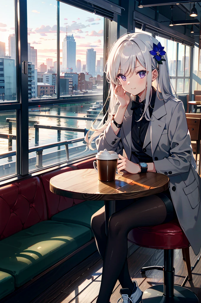 1girl, solo focus, tall female, grey hair, very long hair, purple eyes, large breasts, wide hips, sharp face, jewel-like eyes, serious, tired, wearing long grey coat, black blazer, black legwear, stylish sneakers, accessories, smartwatch, flower hair ornament, cute smile, sitting, cafe, coffee shop ambience, coffee shop aesthetic, snow on window, dawn, window view, massive cityscape, beautiful view, dim-lit ambience, holding coffee, {correct posing}, {detailed clothing}, {detailed body}, {correct body anatomy}, {extremely beautiful and delicate anime face and eyes}, {minute details}, {intricate details}, {delicate}, (masterpiece), (best quality), (wallpaper), (8k hd),