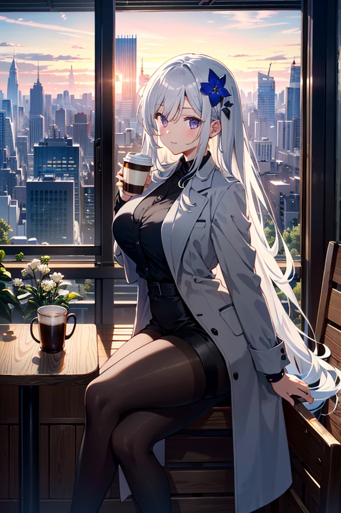 1girl, solo focus, tall female, grey hair, very long hair, purple eyes, large breasts, wide hips, sharp face, jewel-like eyes, serious, tired, wearing long grey coat, black blazer, black legwear, stylish sneakers, accessories, smartwatch, flower hair ornament, cute smile, sitting, cafe, coffee shop ambience, coffee shop aesthetic, snow on window, dawn, window view, massive cityscape, beautiful view, dim-lit ambience, holding coffee, {correct posing}, {detailed clothing}, {detailed body}, {correct body anatomy}, {extremely beautiful and delicate anime face and eyes}, {minute details}, {intricate details}, {delicate}, (masterpiece), (best quality), (wallpaper), (8k hd),