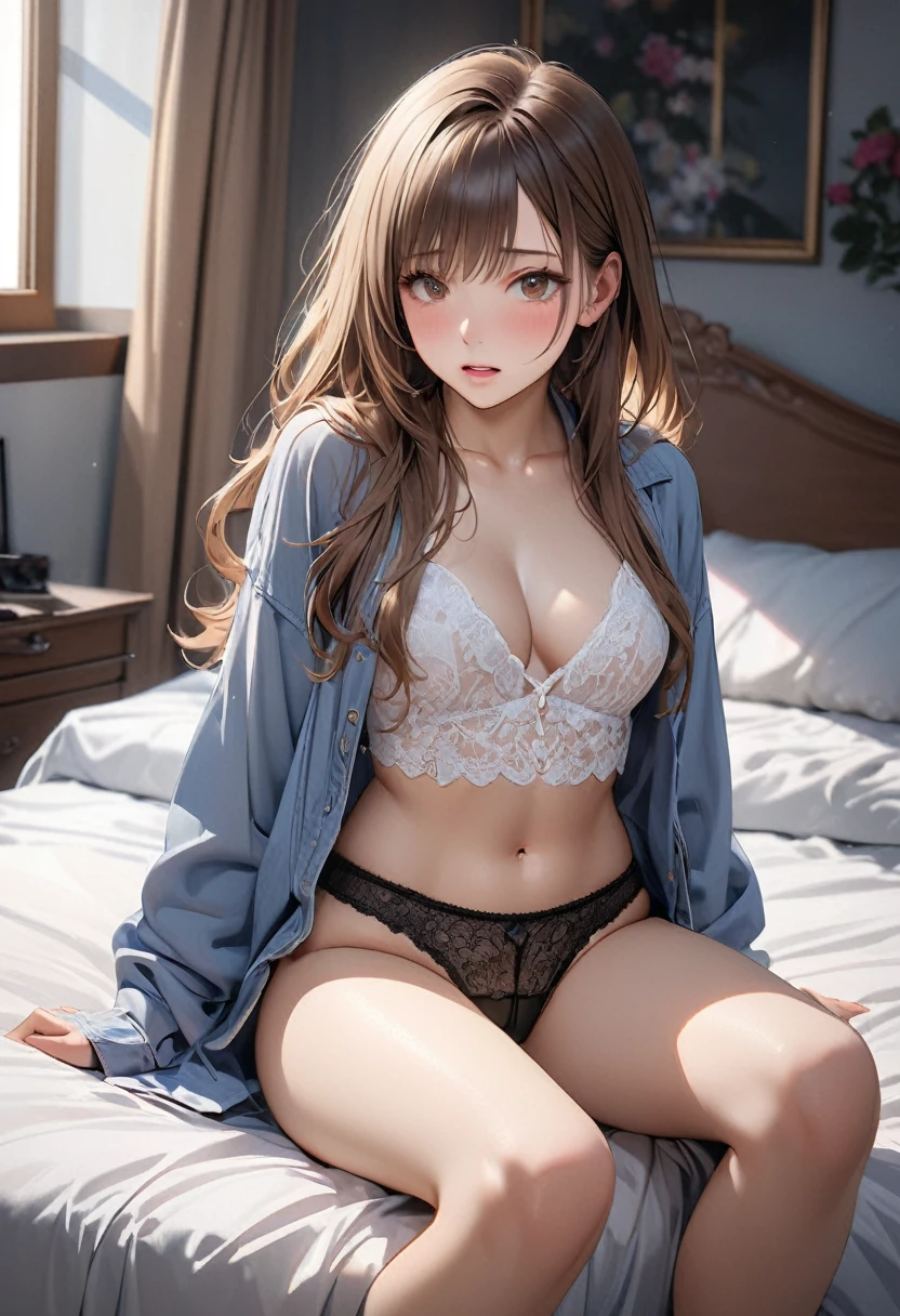 1girl,Asuna yuuki , brown hair , brown eyes, bedroom ,blush, cameltoe, cleavage ,groin ,indoors ,navel ,on bed ,plant ,shirt, unbuttoned shirt ,underwear, realistis,ultra detail