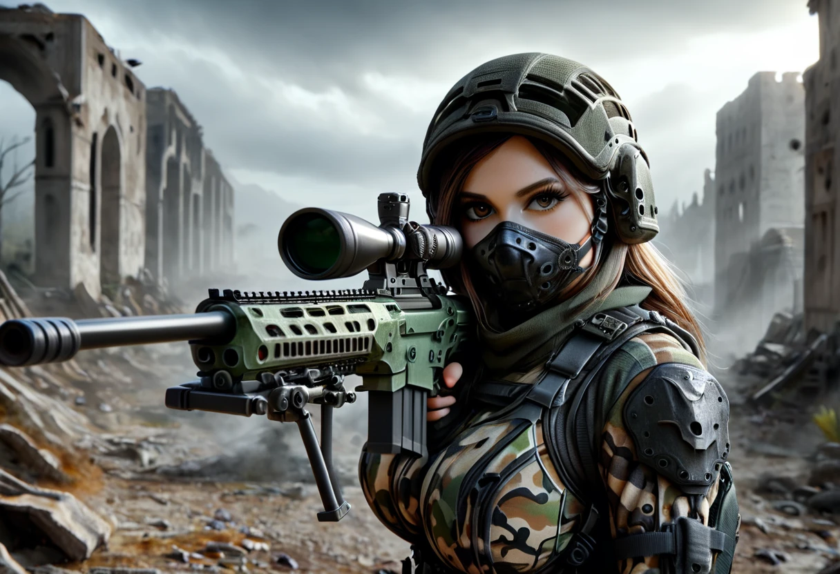 Young and very beautiful female sniper, aiming the muzzle of her sniper rifle at the viewer, detailed ideal proportions, shapely large breasts, detailed face, beautiful eyes, long eyelashes, serious expression, tactical helmet, camouflage latex suit, tactical equipment, sniper rifle, war-torn landscape, cloudy, foggy, ruins, wreckage, cinematic lighting, grainy, gloomy, dark, muted colors, realistic, 8k, high resolution, detailed description, masterpiece