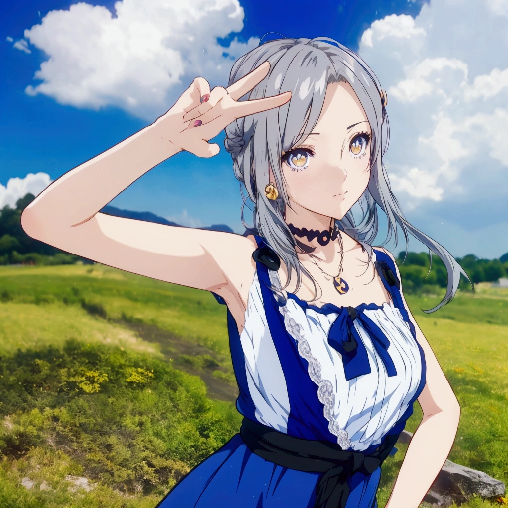 Golden Eyes、Golden Eyes、Anime girl with gray hair and a blue dress posing in a field, Realistic Anime 3D Style, Realistic young anime girl, Cute 3D anime girl render, Anime Style3D, , April Rendering, Photorealistic Animation girl render, Realistic anime art style, Smooth anime CG art, Anime Style, Live2D Virtual Youtuber Model, Photorealistic Animation