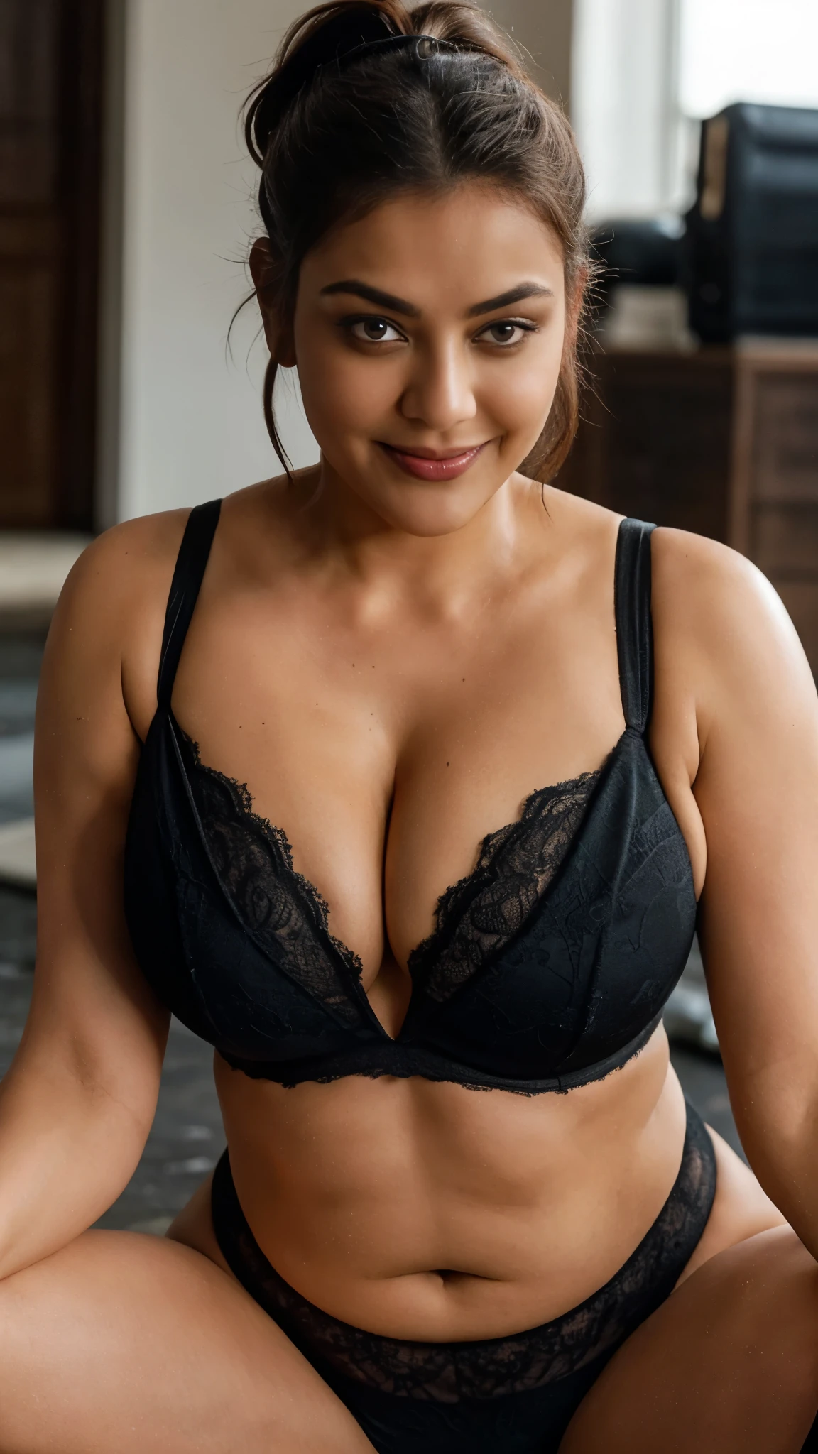 extreme close up photo of sexy indian squat on floor, curvy, hourglass figure, swooping breasts, deep cleavage, look at viewer and subtle smile, sultry, black lace bra, ponytail, 38 yo, HD, 4k, ultra high quality, (cinematic:1.3), intricate details, (ArtStation:1.2)