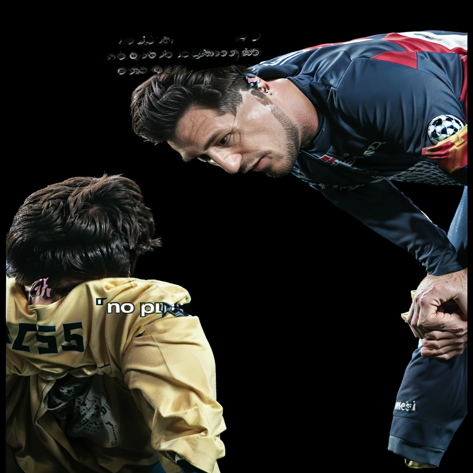 There is a man and a man who are playing soccer, Messi, Messi mojando a ronaldo, ๐บ๐ฆ, ๐ป๐น๐ผ, Lionel Messi, the best ever, Messi como vikingo, Lionel Messi as a muppet, Messi como cyborg, without stipple, emotional image, ๐ฟ๐๐, memes, ๐๐คก, uploaded