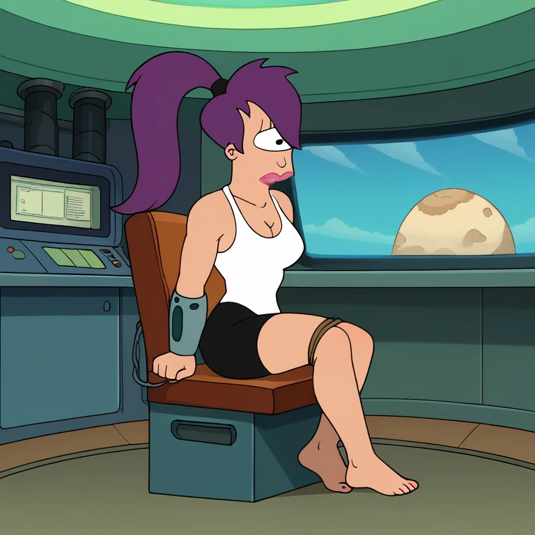 score_9, score_8_up, score_7_up, zPDXL, Leela, purple hair, one-eyed, cyclops, circle eyes,sit tied to a chair, barefoot, full body, bondage, overbite, dot pupil, closes mouth, source_cartoon, futuramastyle, 1girl, solo, long hair, ponytail, makeup, parody, lipstick, interior spacecraft