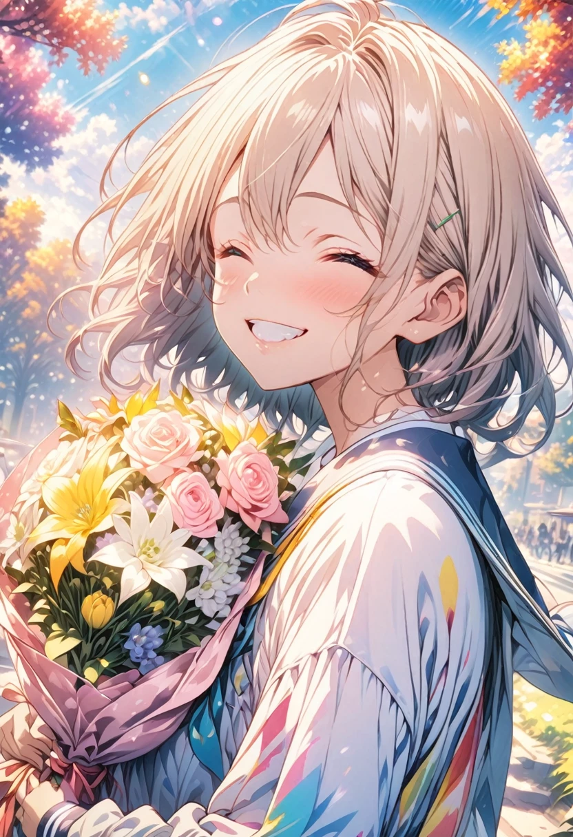 masterpiece, Highest quality, Highly detailed CG Unity 8k wallpaper, High school girl anime illustration. Wearing 、Have a colorful bouquet。 she has her eyes closed and mouth open, smile. The background is a bright pastel colored landscape