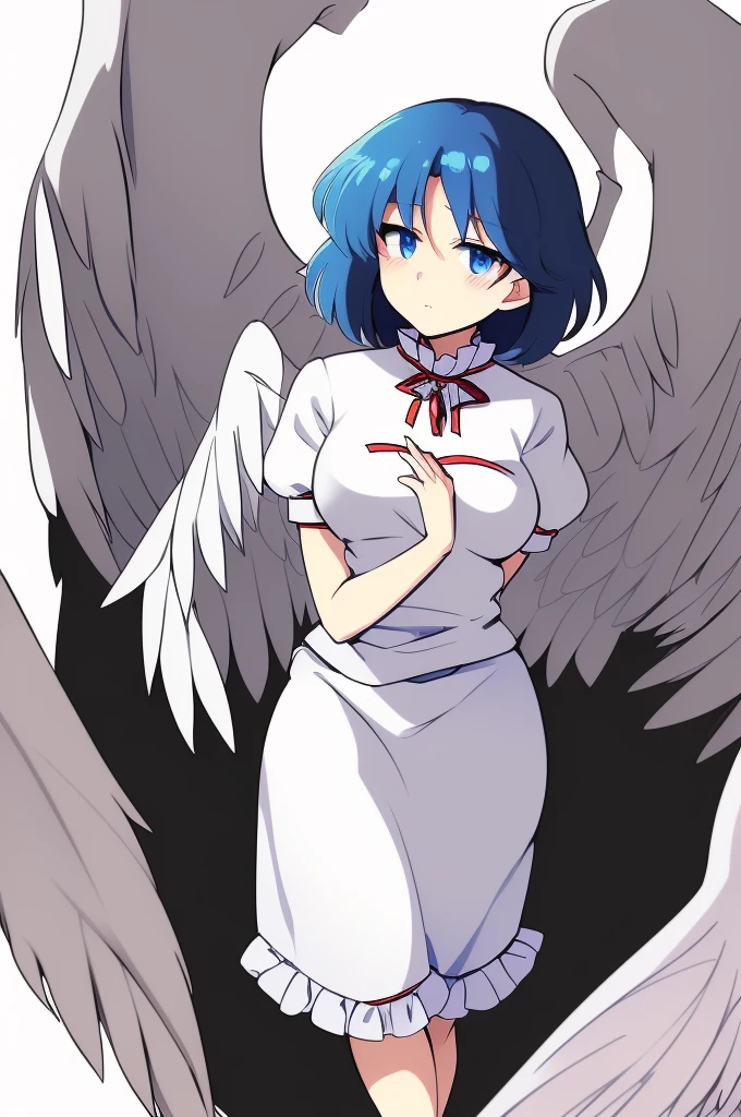 (best quality,4k,8k,highres,masterpiece:1.2), (Female angels:1.8), (angel girl:1.2), ultra-detailed, highly detailed texture, intricate details, high quality textures, a cute teenage angel with blue eyes, drawn in anime style, 1girl, , , 10 years old, medium blue hair, hair flaps, pink ribbon on head, well-formed face, blue eyes, angel girl, white blouse, puffy short sleeves, red ribbon, angel wings, long white skirt, red shoes, frills, ribbon head, A pair of angel wings on the back, clean line drawings, cute
