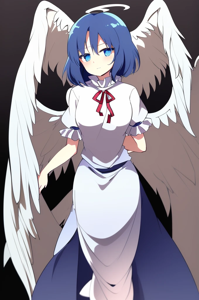 (best quality,4k,8k,highres,masterpiece:1.2), (Female angels:1.8), (angel girl:1.2), ultra-detailed, highly detailed texture, intricate details, high quality textures, a cute teenage angel with blue eyes, drawn in anime style, 1girl, , , 10 years old, medium blue hair, hair flaps, pink ribbon on head, well-formed face, blue eyes, angel girl, white blouse, puffy short sleeves, red ribbon, angel wings, long white skirt, red shoes, frills, ribbon head, A pair of angel wings on the back, clean line drawings, cute