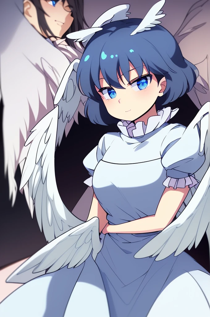(best quality,4k,8k,highres,masterpiece:1.2), (Female angels:1.8), (angel girl:1.2), ultra-detailed, highly detailed texture, intricate details, high quality textures, a cute age angel with blue eyes, drawn in anime style, 1girl, , , 10 ydium blue hair, hair flaps, pink ribbon on head, well-formed face, blue eyes, angel girl, white blouse, puffy short sleeves, red ribbon, angel wings, long white skirt, red shoes, frills, ribbon head, A pair of angel wings on the back, clean line drawings, cute