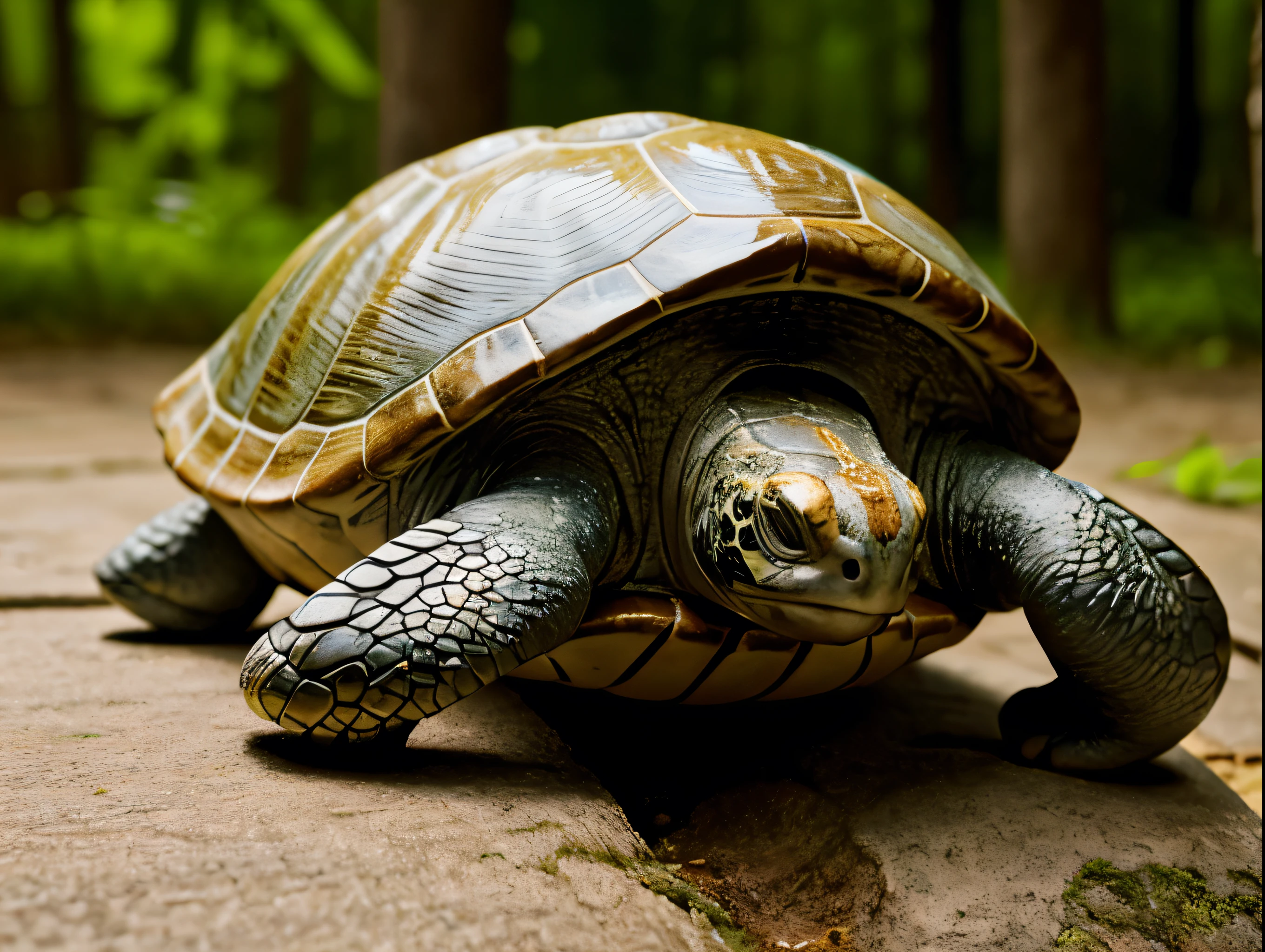 a detailed digital art illustration of a turtle, realistic turtle shell texture, beautiful detailed eyes, highly detailed scales, stunning vibrant colors, natural lighting, photorealistic, 8k, masterpiece, ultra-detailed, hyper realistic, cinematic lighting, award winning digital art, stunning nature scenery, intricate details, beautiful natural environment, serene atmosphere, calm waters, lush foliage, stunning depth of field, beautiful soft lighting