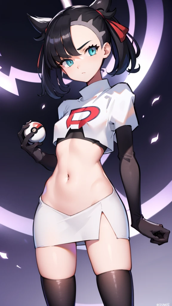 pokemon marnie, pokemon marnie, Green eyes, black fur, short hair, of collections, (small breasts:1.2),
Team Rocket,Team Rocket uniform, red letter R, White skirt,White crop top,black thigh high stockings,black elbow length gloves BREAK looking at viewer,
BREAK (Masterpiece:1.2), Best Quality, high resolution, unity wallpaper 8k, (illustration:0.8), (Beautiful detailed eyes:1.6), extremely detailed face, perfect lighting, Extremely detailed CG, (perfect hands, perfect anatomy),(a Pokeball in his hand)