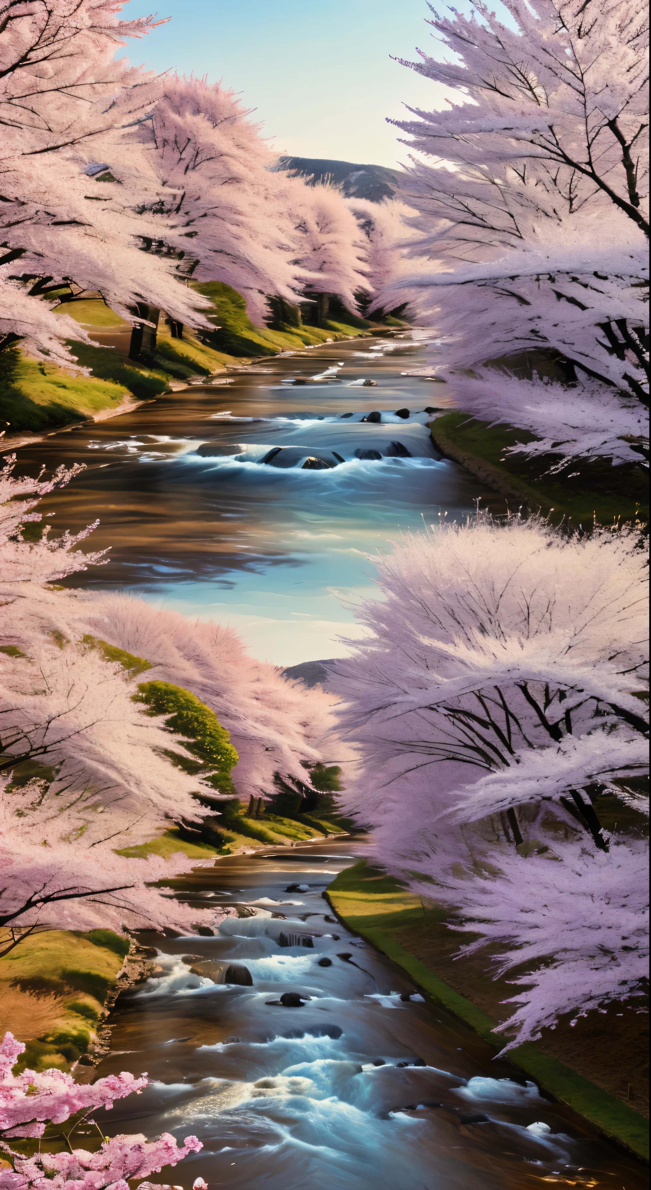 Draw a river with a small village, anime beautiful peace scene, very beautiful landscape, landscape artwork, landscape art detail, very beautiful digital art, beauty of natural landscape, beautiful art UHD 4 K, very beautiful photos, beautiful nature, landscape wallpaper, really beautiful nature, beautiful digital artwork, beautiful background, cherry blossom trees, anime style