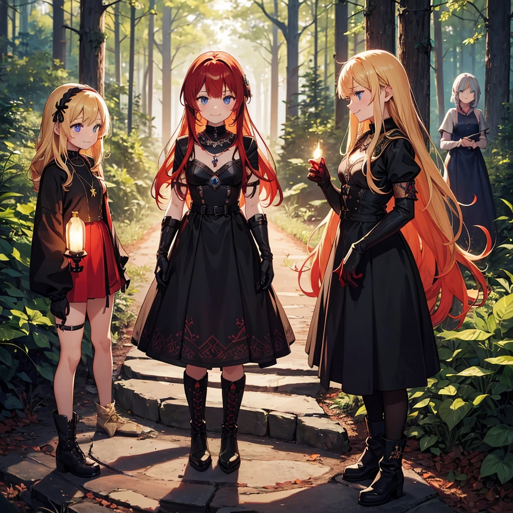 a group of beautiful witch girls in the middle of a forest in the night, tribal tattoo ,multiple girls, five girls, red and blonde hair , standing girl young girl, gloves, elbow pads, boots, smiles, small breasts, long black dress, necklaces, jewelry decorations , red hair , black hair , blonde hair, blue eyes, full body,