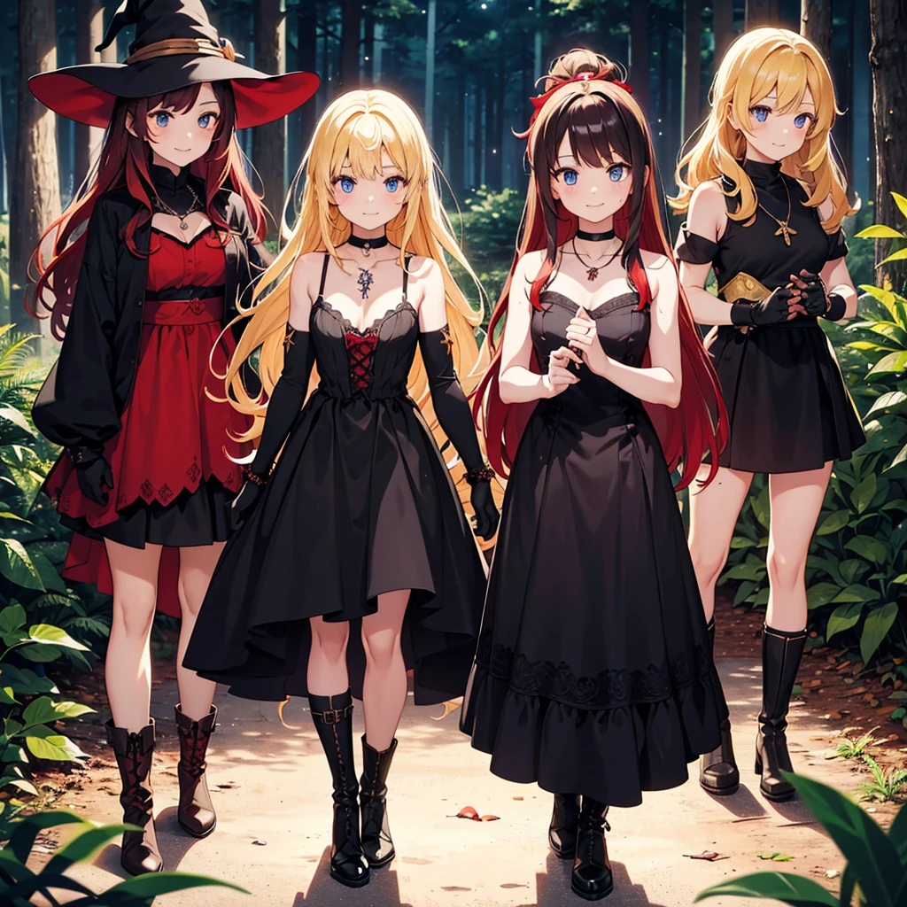 a group of beautiful witch girls in the middle of a forest in the night, tribal tattoo ,multiple girls, five girls, red and blonde hair , standing girl young girl, gloves, elbow pads, boots, smiles, small breasts, long black dress, necklaces, jewelry decorations , red hair , black hair , blonde hair, blue eyes, full body,