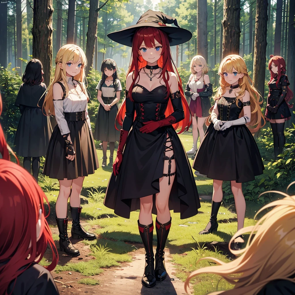 a group of beautiful witch girls in the middle of a forest in the night, tribal tattoo ,multiple girls, five girls, red and blonde hair , standing girl young girl, gloves, elbow pads, boots, smiles, small breasts, long black dress, necklaces, jewelry decorations , red hair , black hair , blonde hair, blue eyes, full body,