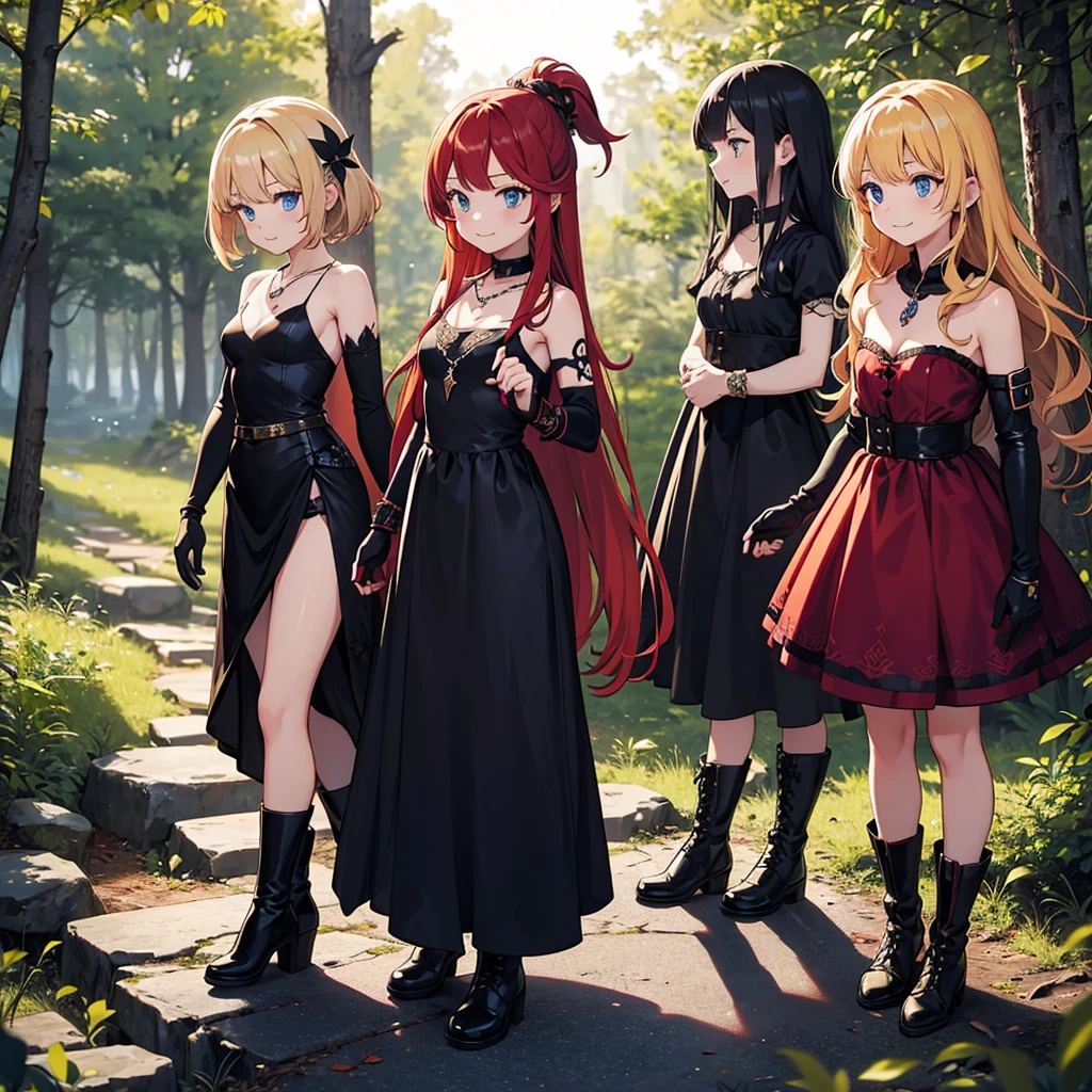 a group of beautiful witch girls in the middle of a forest in the night, tribal tattoo ,multiple girls, military , five girls, black and red hair , standing girl young girl, gloves, elbow pads, boots, smiles, small breasts, long black dress, necklaces, jewelry decorations , skirt