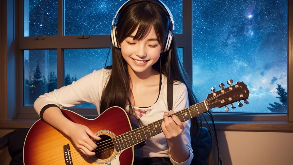 Anime Style、Girl playing guitar by the window at night、Girl smiling with eyes closed、A starry sky、Calm atmosphere、Fine details、solo, Long Hair, earphone, Highest quality, Anatomically correct,