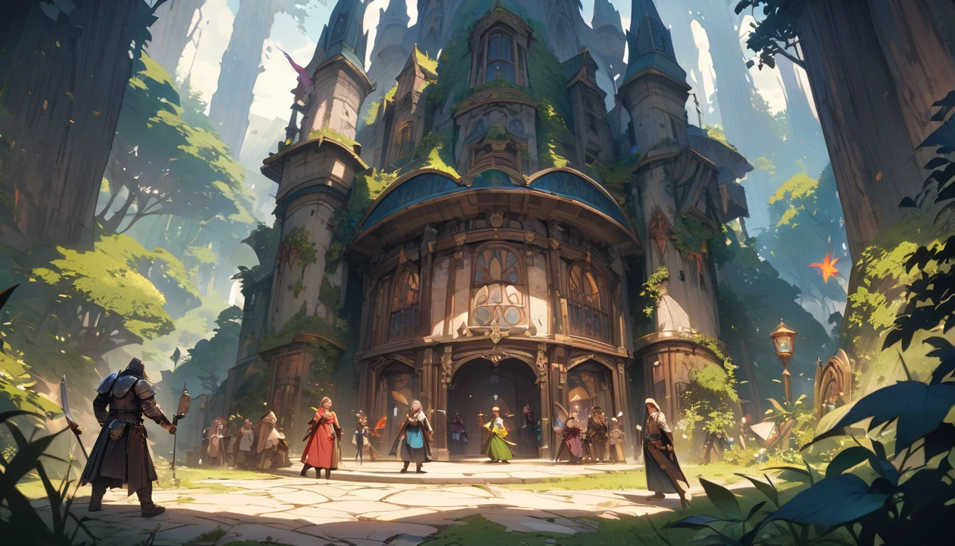 (masterpiece:1.4), (Highest quality:1.4), Very detailed, Complex, Very detailed, shape,Soft lighting,a group of adventurers, character from RPG games, (character: human, Fairy, Fairy, Dwarf, The Hobbit), (exterior: Swordsman Style, Shaman Style, Monk Style, Magician style), (belongings: Long sword, dagger, Holy Staff, Magic wand, shield, metal armor, Leather Armor), Perfectly accurate anatomical shape、All limbs intact、Perfect full finger, Colorful characters, It depicts an ancient elven library in the middle of the forest., A library full of old parchments、In a room full of leaves and shades of green, 大きくてMajestic, A palace library in the middle of the forest. A huge, Majestic, Uplifting expressions,