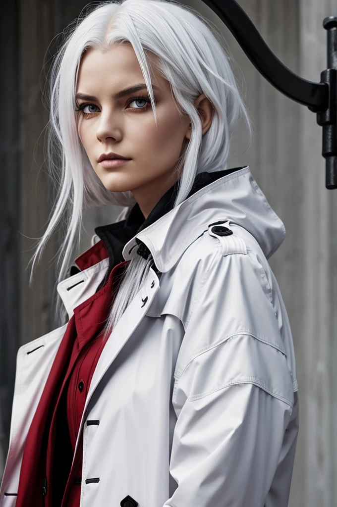 girl, White hair, Red eyes, serious and cold look, dark trench coat, scythe
