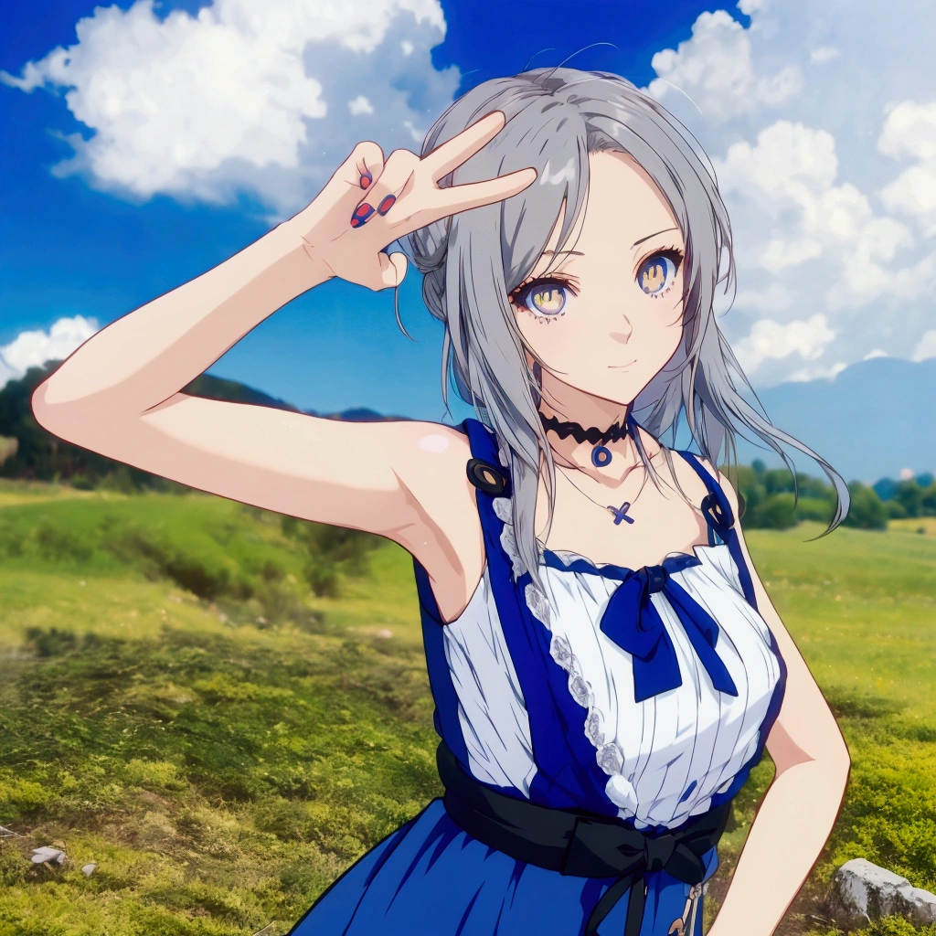 Golden Eyes、Golden Eyes、Anime girl with gray hair and a blue dress posing in a field, Realistic Anime 3D Style, Realistic young anime girl, Cute 3D anime girl render, Anime Style3D, , April Rendering, Photorealistic Animation girl render, Realistic anime art style, Smooth anime CG art, Anime Style, Live2D Virtual Youtuber Model, Photorealistic Animation