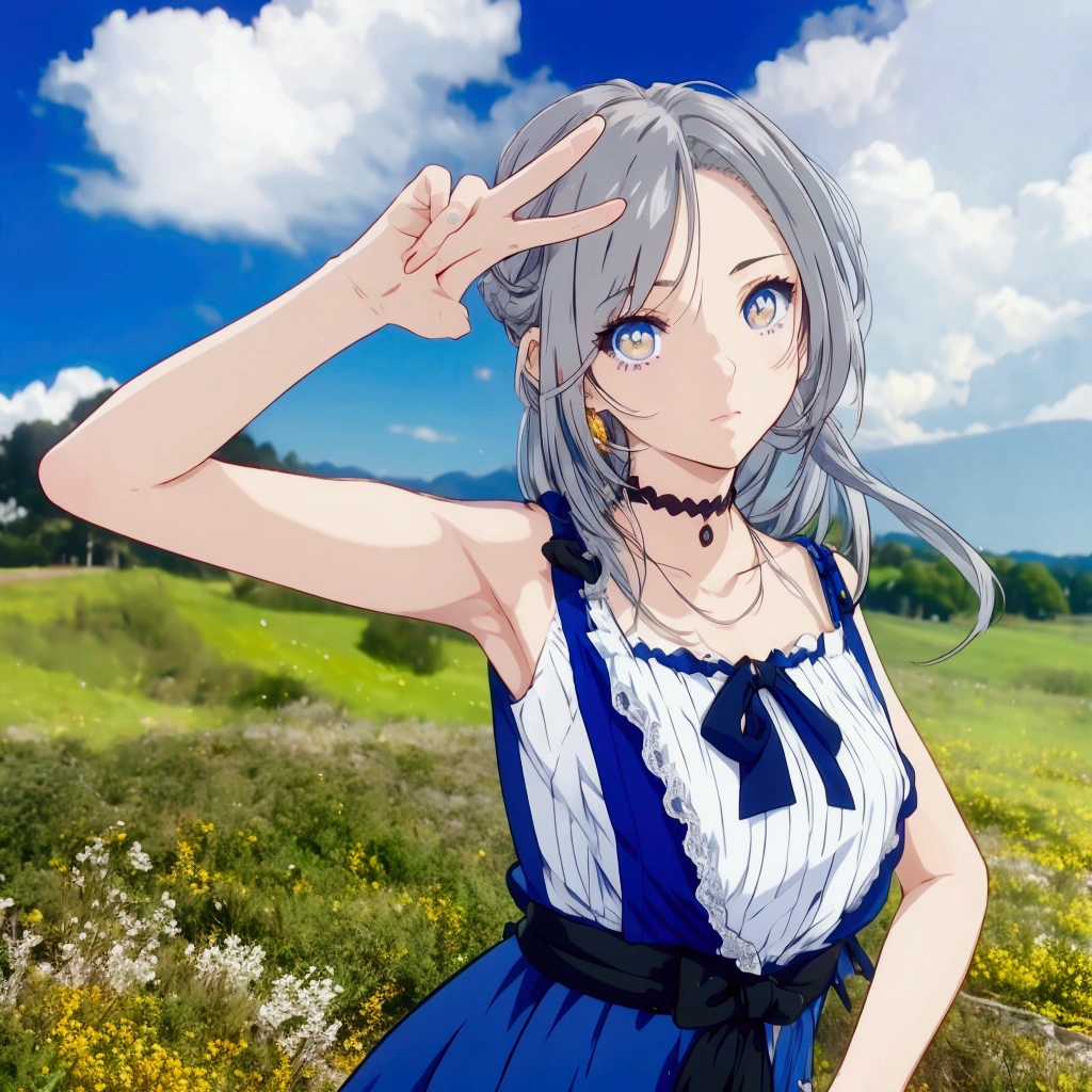 Golden Eyes、Golden Eyes、Anime girl with gray hair and a blue dress posing in a field, Realistic Anime 3D Style, Realistic young anime girl, Cute 3D anime girl render, Anime Style3D, , April Rendering, Photorealistic Animation girl render, Realistic anime art style, Smooth anime CG art, Anime Style, Live2D Virtual Youtuber Model, Photorealistic Animation
