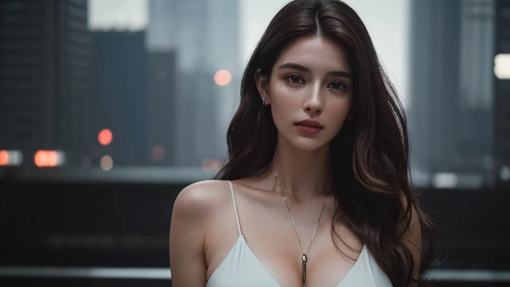 Photo of 25 year old European girl, RAW, beautiful woman, half strawberry lips, dimples, pensive look, (extremely long wavy brown hair), ((detailed face)), ((detailed features on face) ), (exquisite) detailed skin), pale skin, (high-tech cyberpunk outfit with plunging neckline), cyberpunk megalopolis environment, (cool colors), reflection, ( masterpiece) (perfect proportions)(realistic photo)(best quality) (details) ) taken on Canon EOS R5, 50mm lens, F/2.8 , HDR, (8k) (background) (light cinematic light) (dramatic light) (sharp focus) (complex), RAW photo, gigachad photo, camera pose, 8k uhd, dslr, Grain film, high quality, Fujifilm XT3