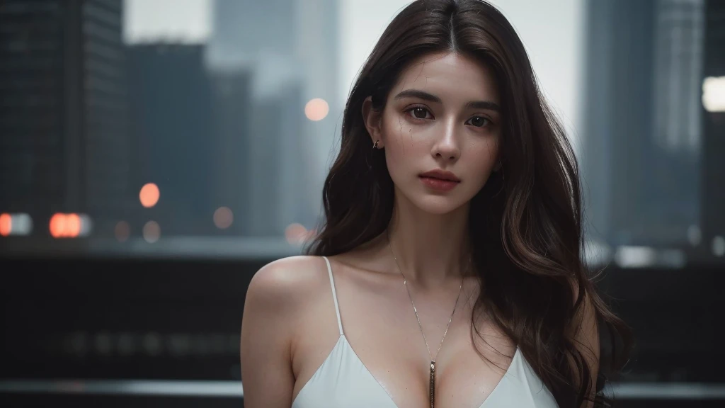 Photo of 25 year old European girl, RAW, beautiful woman, half strawberry lips, dimples, pensive look, (extremely long wavy brown hair), ((detailed face)), ((detailed features on face) ), (exquisite) detailed skin), pale skin, (high-tech cyberpunk outfit with plunging neckline), cyberpunk megalopolis environment, (cool colors), reflection, ( masterpiece) (perfect proportions)(realistic photo)(best quality) (details) ) taken on Canon EOS R5, 50mm lens, F/2.8 , HDR, (8k) (background) (light cinematic light) (dramatic light) (sharp focus) (complex), RAW photo, gigachad photo, camera pose, 8k uhd, dslr, Grain film, high quality, Fujifilm XT3